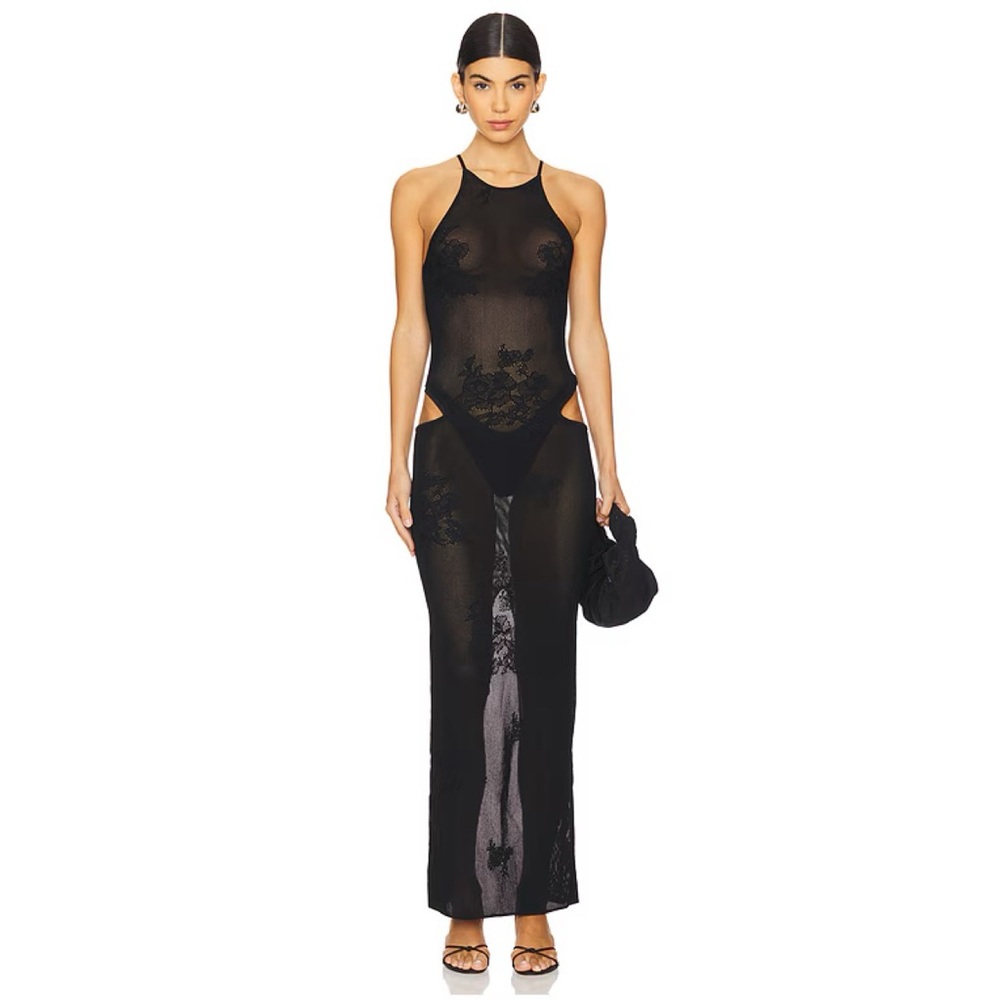 NEW Fleur Du Mal Lace Pointelle Knit Cutout Maxi Dress (Sz XS) Floral Black - Picture 6 of 16